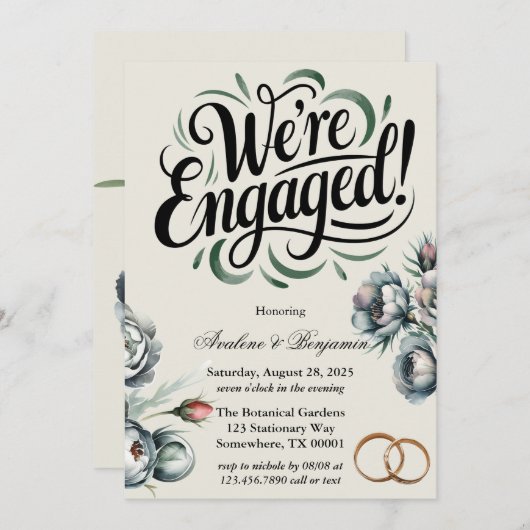 Invitation Elégant Bouquet vert et gris Nous sommes engagés (Devant / Derrière)