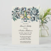 Invitation Elégant bouquet vert & gris Brunch et Bubbly (Debout devant)