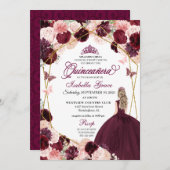 Invitation Elégant Bourgogne Blush rose Floral Quinceanera In (Devant / Derrière)