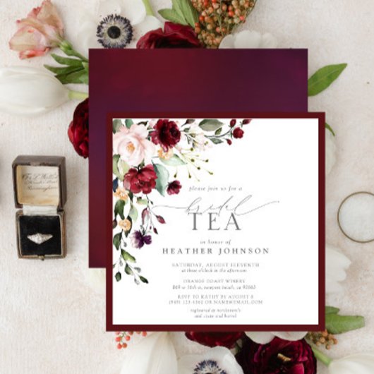 Invitation Elégant Bourgogne Floral Bridal Tea Douche