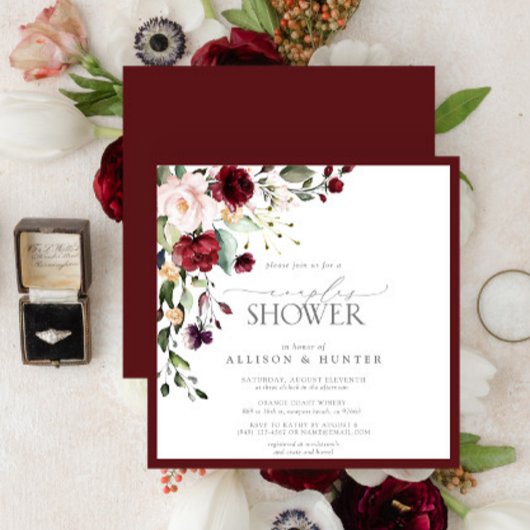 Invitation Elégant Bourgogne Floral Couples Douche