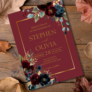 Invitation Élégant Bourgogne Floral Floroms & mariage de verd