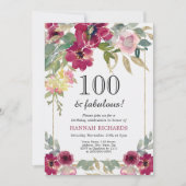 Invitation Elégant Bourgogne rose or floral 100e anniversaire (Devant)