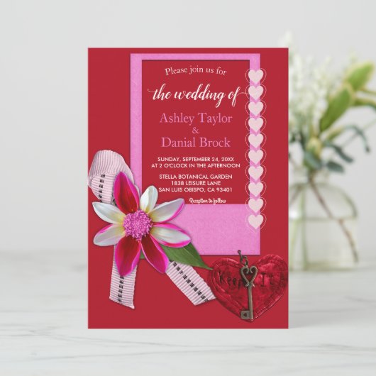 Invitation Élégant Bow Coeur Rouge Script Classy Mariage form (Debout devant)