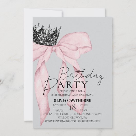 Invitation Elegant Bow Couronne fête d'anniversaire (Devant)