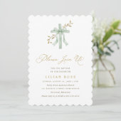Invitation Elegant Bow Cross Sage Watercolor Greenery Baptism (Debout devant)