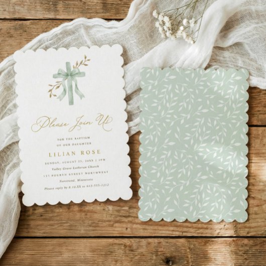 Invitation Elegant Bow Cross Sage Watercolor Greenery Baptism