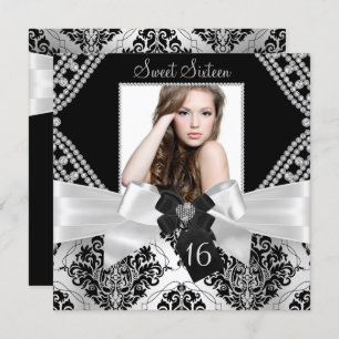 Invitation Élégant Bow Diamond noir Damask Photo Sweet 16