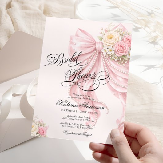 Invitation Elegant Bow Floral Blush Pink Bridal Shower 