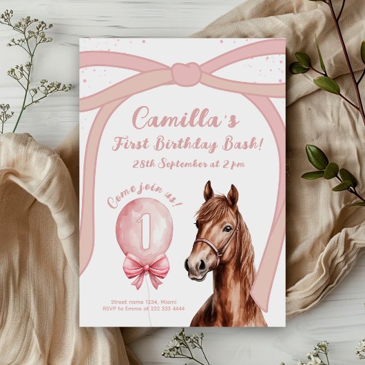 Invitation Elégant Bow Horse 1er anniversaire