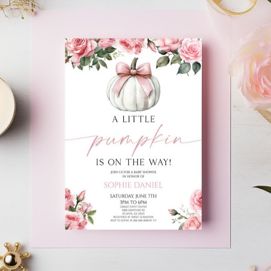 Invitation Elégant Bow rose blanc Citrouille Baby shower flor