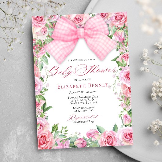 Invitation Elégant Bow rose et Rose Coquette Baby shower fill