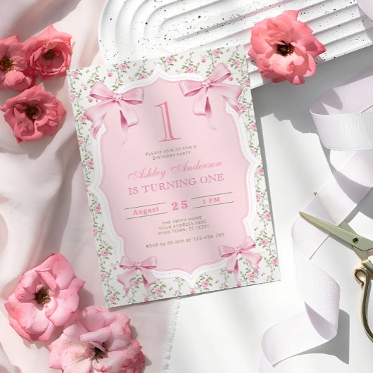 Invitation Elégant Bow rose floral coquette 1er anniversaire