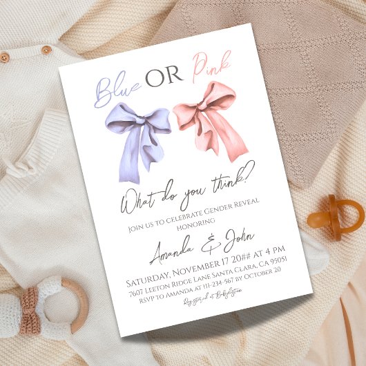 Invitation Élégant Bows bleu ou rose Révélation de genre
