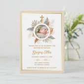 Invitation Elegant Boy Baptism Greenery Cross Photo Invitati (Debout devant)