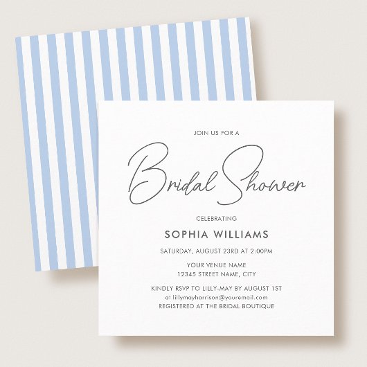 Invitation Elegant Bridal Shower Modern Script Blue Stripes