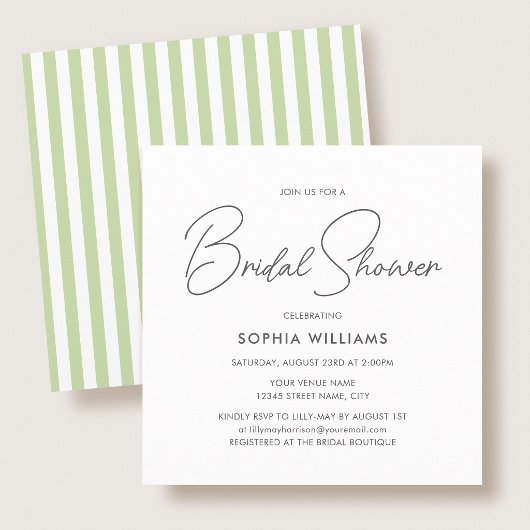 Invitation Elegant Bridal Shower Modern Script Green Stripes