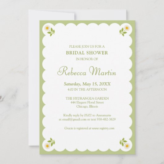 Invitation Elegant Bridal Shower Sage Green Daisy Simple Chic (Devant)