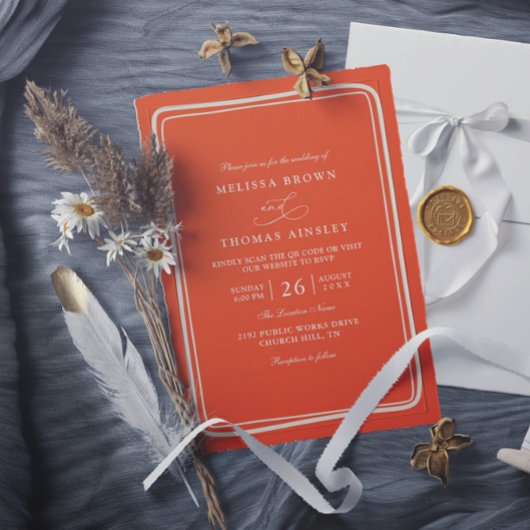 Invitation Elegant Bright Orange Retro Unique QR Code Wedding