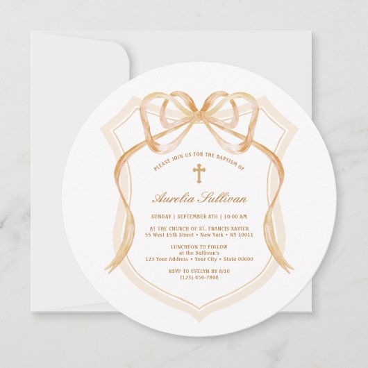 Invitation Élégant Bronze Bow Crest Baptism (Devant)