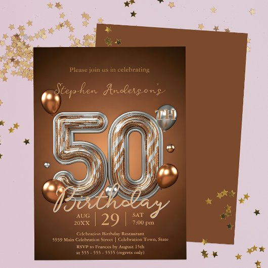 Invitation Elégant bronze et ballons d'argent 50e anniversair