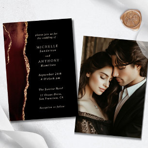 Invitation Élégant Brown Agate Gold Photo Mariage