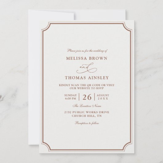 Invitation Elegant Brown Ecru Classic Budget QR Code Wedding (Devant)