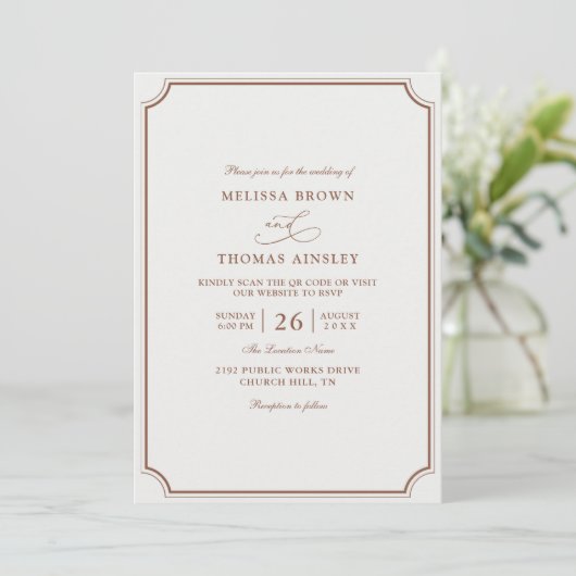 Invitation Elegant Brown Ecru Classic Budget QR Code Wedding (Debout devant)