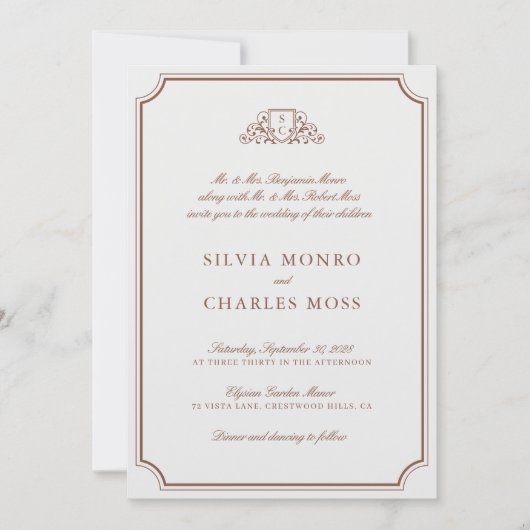 Invitation Élégant Brown & Ecru Crest Monogram Mariage (Devant)