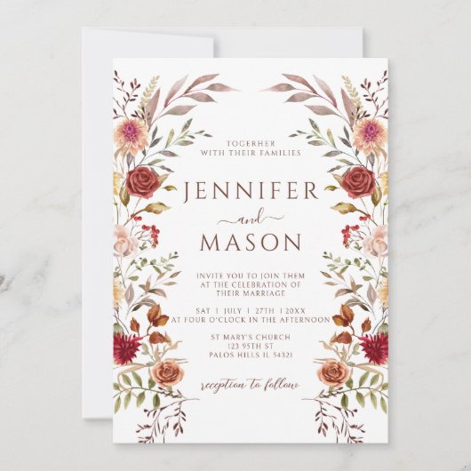 Invitation Élégant Brown en terre cuite automne Mariage flora (Devant)