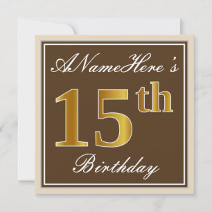 Invitation Elégant, Brown, Faux Gold 15ème anniversaire + Nom