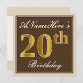 Invitation Elégant, Brown, Faux Gold 20e anniversaire + Nom (Devant / Derrière)