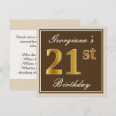 Invitation Elégant, Brown, Faux Gold 21ème anniversaire + Nom (Devant / Derrière)