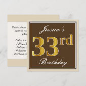 Invitation Élégant, Brown, Faux Gold 33e anniversaire + Nom (Devant / Derrière)