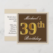 Invitation Elégant, Brown, Faux Gold 39ème anniversaire + Nom (Devant / Derrière)
