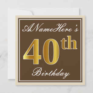 Invitation Elégant, Brown, Faux Gold 40e Anniversaire + Nom