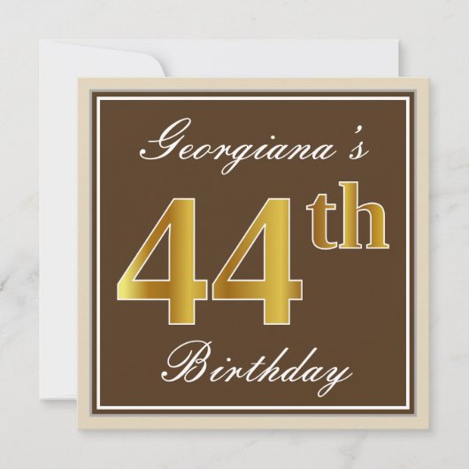 Invitation Elégant, Brown, Faux Gold 44ème anniversaire + Nom (Devant)