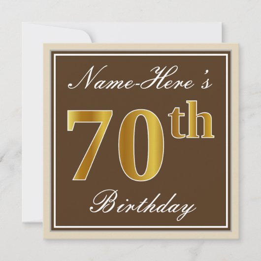 Invitation Elégant, Brown, Faux Gold 70e anniversaire + Nom (Devant)