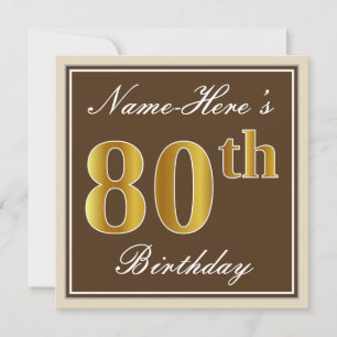 Invitation Elégant, Brown, Faux Gold 80e anniversaire + Nom