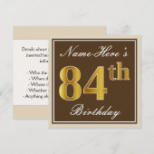 Invitation Elégant, Brown, Faux Gold 84ème anniversaire + Nom (Devant / Derrière)