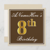 Invitation Elégant, Brown, Faux Gold 8ème anniversaire + Nom (Devant / Derrière)