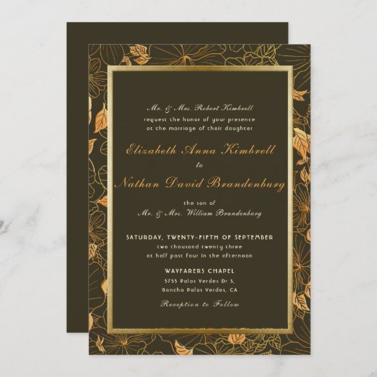 Invitation Élégant Brown & or Floral Mariage de automne d'aut (Devant / Derrière)
