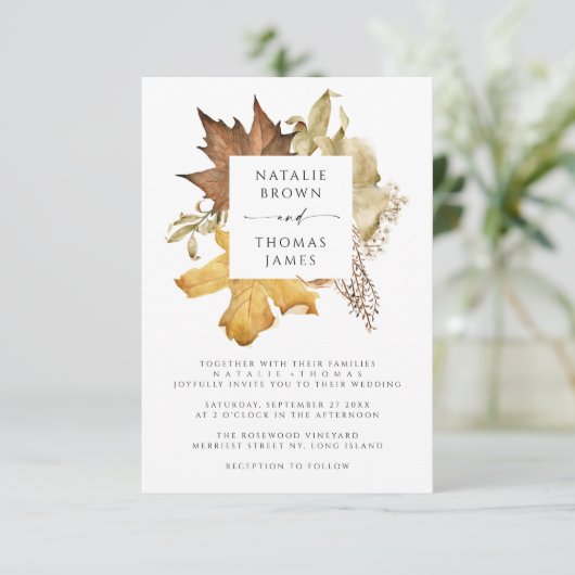 Invitation Élégant Brown Rustique Feuilles Mariage de automne (Debout devant)