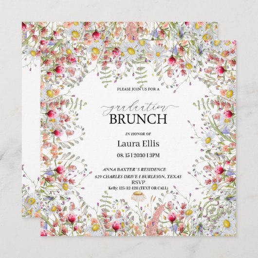 Invitation Élégant brunch de graduation florale fleur sauvage (Devant / Derrière)