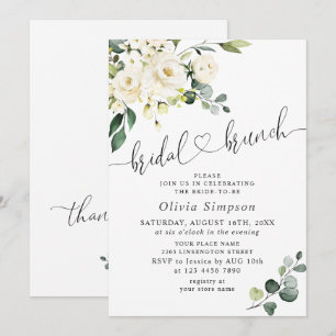 Invitation Élégant Brunch de Mariée aux Roses Blanches d'Euca