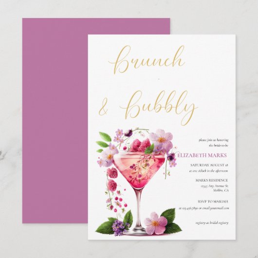 Invitation Élégant Brunch rose floral et Fête des mariées mou (Devant / Derrière)