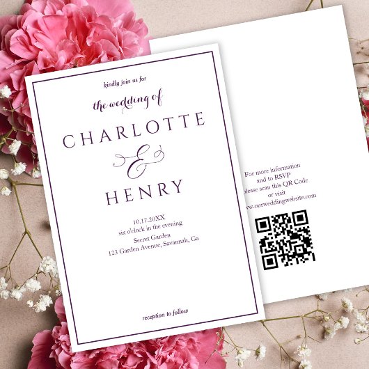 Invitation Élégant budget Purple Qr Code Mariage