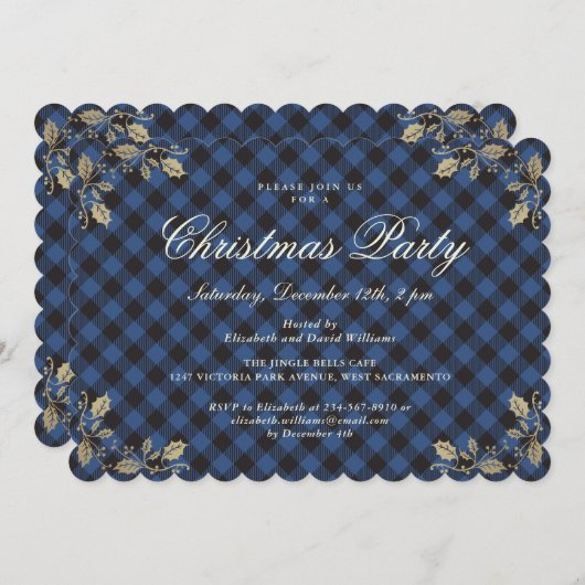 Invitation Élégant Buffle Bleu Plaid Fête de Noël (Devant / Derrière)