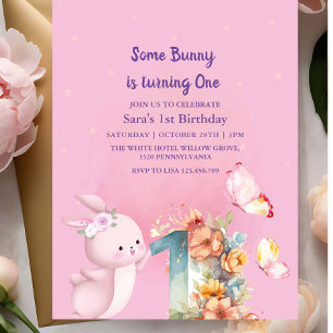 Invitation Elégant Bunny premier anniversaire bébé fille rose