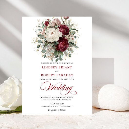Invitation Elegant Burgundy and White Flowers Wedding Invite